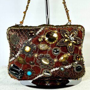 Eclectic Gemstone Handbag – Ornate Beaded Strap, Tapestry Fabric crossbody